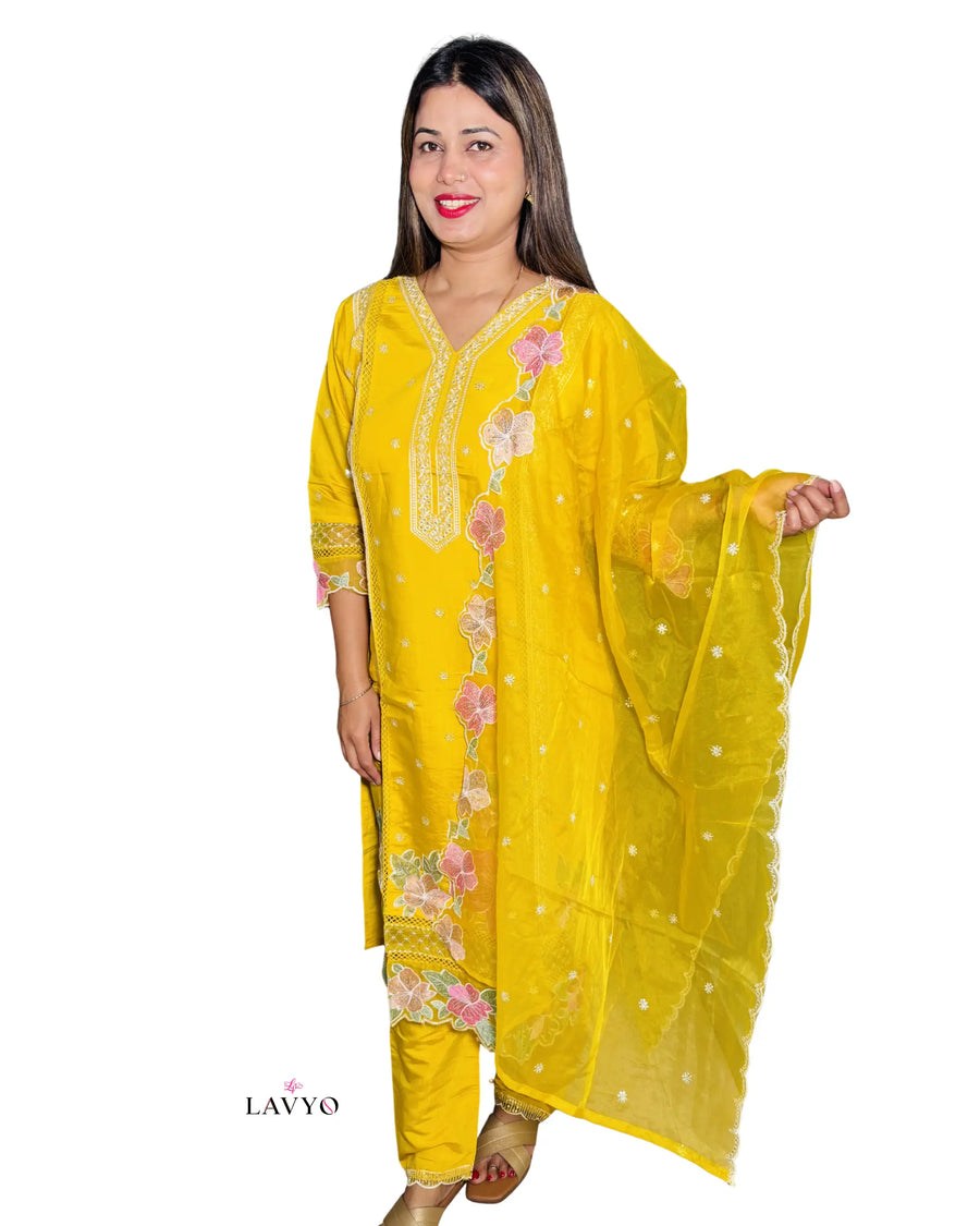 Yellow Embroidered Kurta Pant Set with Floral Detail and Sheer Dupatta | Yellow Color | Premium 3 Piece Suit