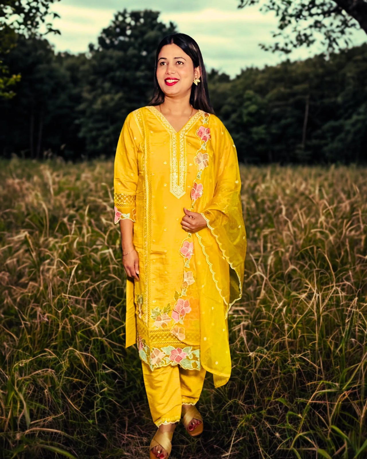 Yellow Embroidered Kurta Pant Set with Floral Detail and Sheer Dupatta | Yellow Color | Premium 3 Piece Suit