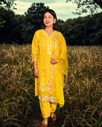 Yellow Embroidered Kurta Pant Set with Floral Detail and Sheer Dupatta | Yellow Color | Premium 3 Piece Suit