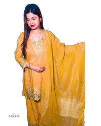 Premium Embroidered Vibrant Yellow Kurta Plazo Set with Flowing Dupatta |  3 Piece Suit | Vibrant Yellow Color |  Elegant Thread Embroidery on Neck, Sleeves, Kurta Bottom Border and at Bottom of Plazo | Rich Embroidered Dupatta