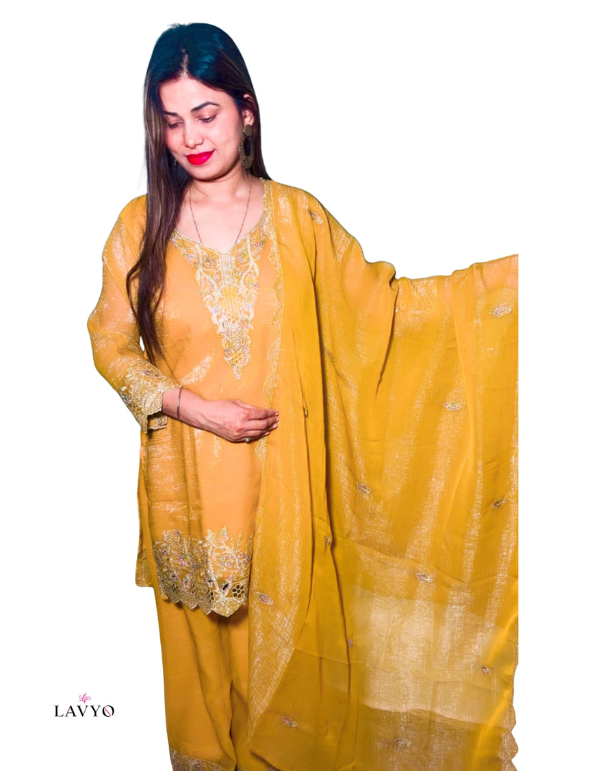 Premium Embroidered Vibrant Yellow Kurta Plazo Set with Flowing Dupatta |  3 Piece Suit | Vibrant Yellow Color |  Elegant Thread Embroidery on Neck, Sleeves, Kurta Bottom Border and at Bottom of Plazo | Rich Embroidered Dupatta