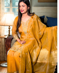 Premium Embroidered Vibrant Yellow Kurta Plazo Set with Flowing Dupatta |  3 Piece Suit | Vibrant Yellow Color |  Elegant Thread Embroidery on Neck, Sleeves, Kurta Bottom Border and at Bottom of Plazo | Rich Embroidered Dupatta