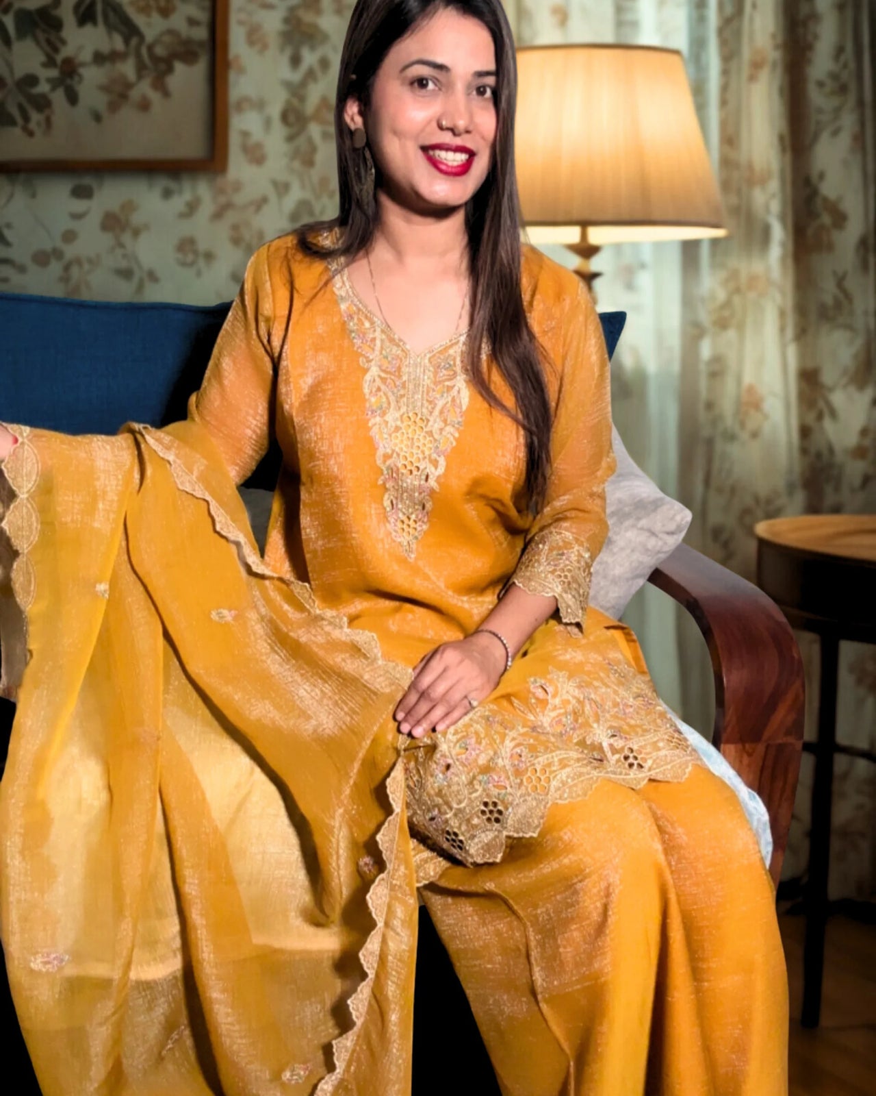 Premium Embroidered Vibrant Yellow Kurta Plazo Set with Flowing Dupatta |  3 Piece Suit | Vibrant Yellow Color |  Elegant Thread Embroidery on Neck, Sleeves, Kurta Bottom Border and at Bottom of Plazo | Rich Embroidered Dupatta